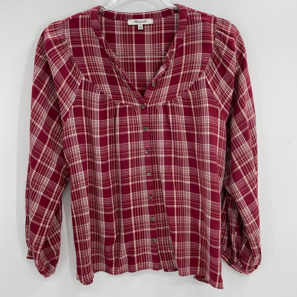 MADEWELL Balloon Sleeve Peasant Top Women's Size S Red Plaid Long Sleeve